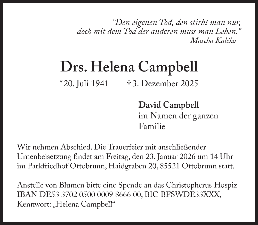  Traueranzeige für Helena Campbell vom 10.01.2026 aus Süddeutsche Zeitung
