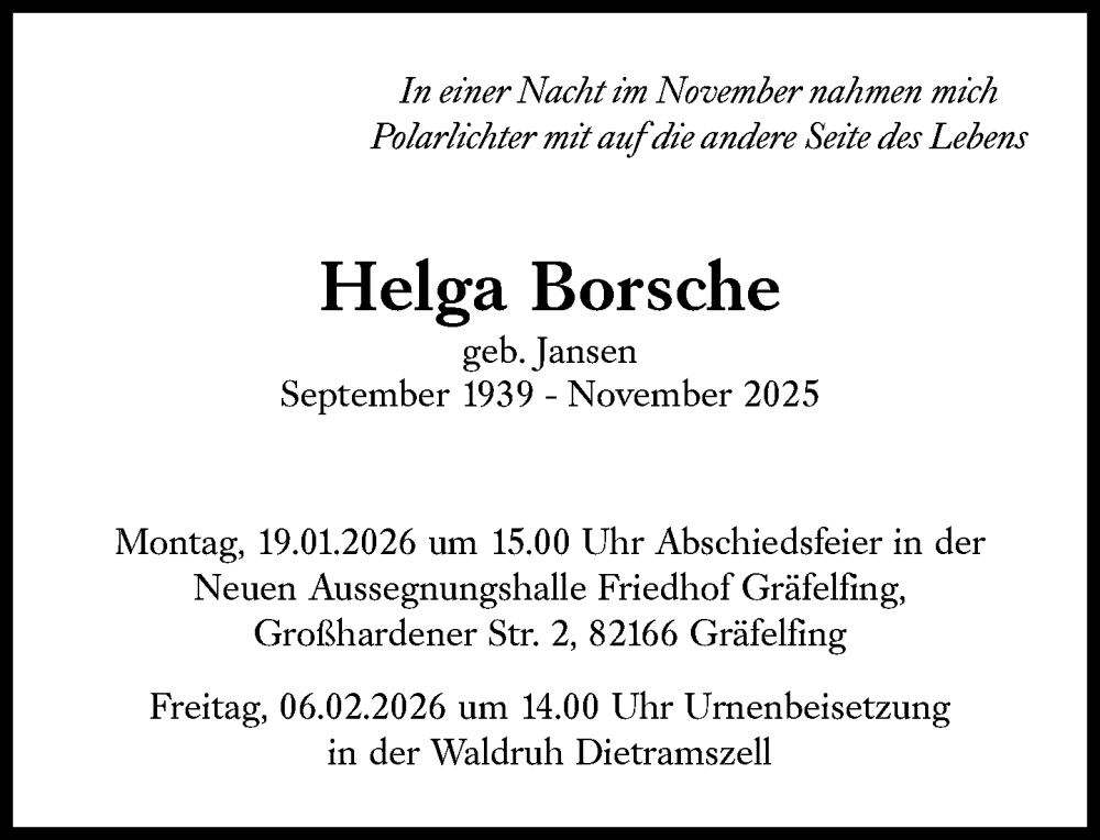  Traueranzeige für Helga Borsche vom 10.01.2026 aus Süddeutsche Zeitung