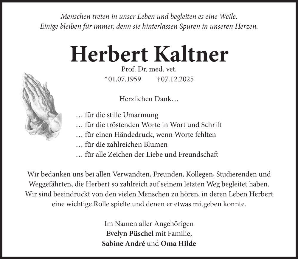  Traueranzeige für Herbert Kaltner vom 10.01.2026 aus Süddeutsche Zeitung