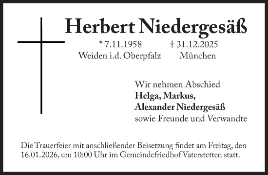 Traueranzeige von Herbert Niedergesäß von Süddeutsche Zeitung