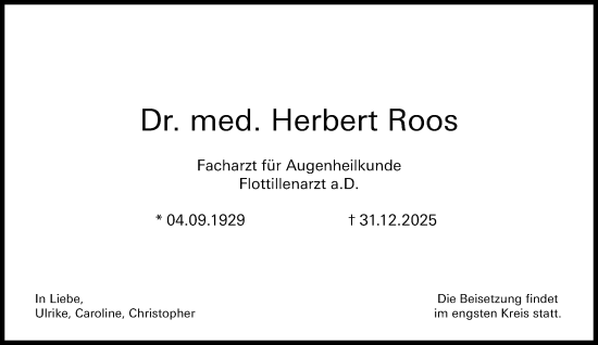 Traueranzeige von Herbert Roos von Süddeutsche Zeitung