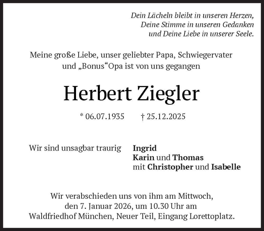  Traueranzeige für Herbert Ziegler vom 03.01.2026 aus Süddeutsche Zeitung