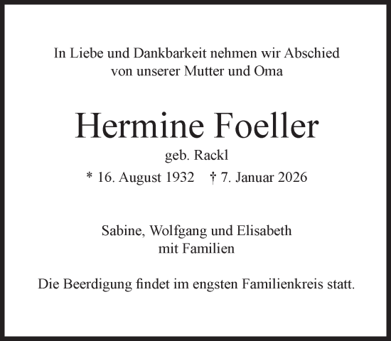 Traueranzeige von Hermine Foeller von Süddeutsche Zeitung