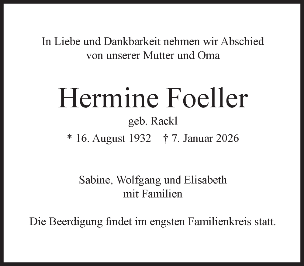  Traueranzeige für Hermine Foeller vom 17.01.2026 aus Süddeutsche Zeitung