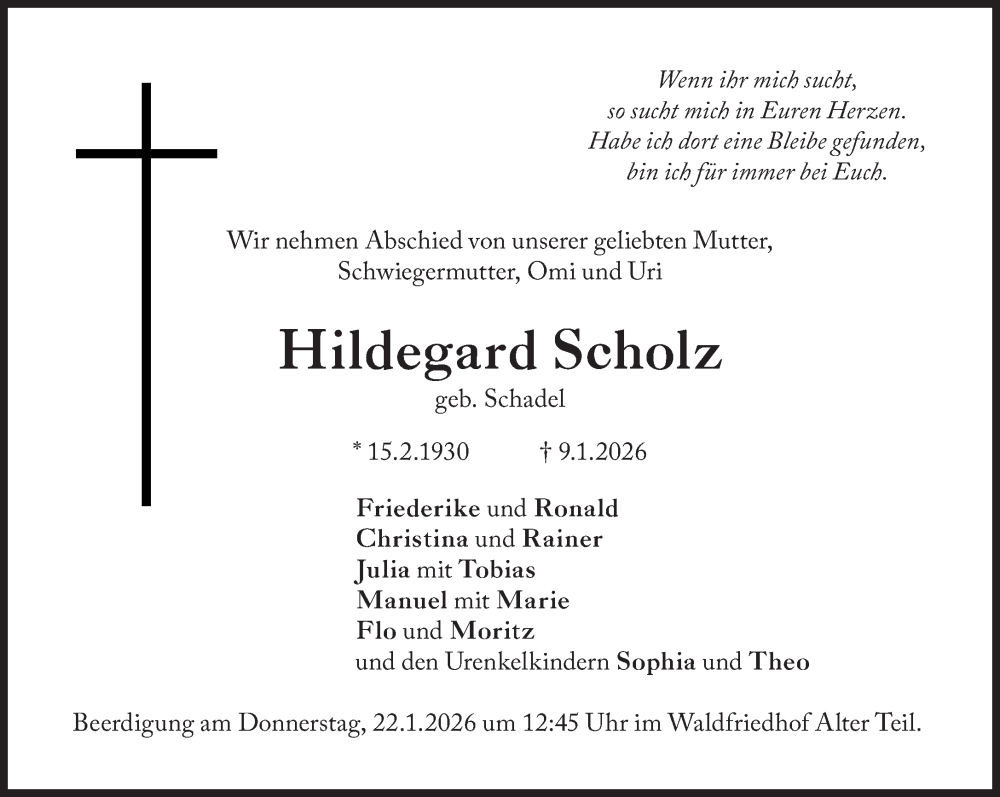  Traueranzeige für Hildegard Scholz vom 20.01.2026 aus Süddeutsche Zeitung