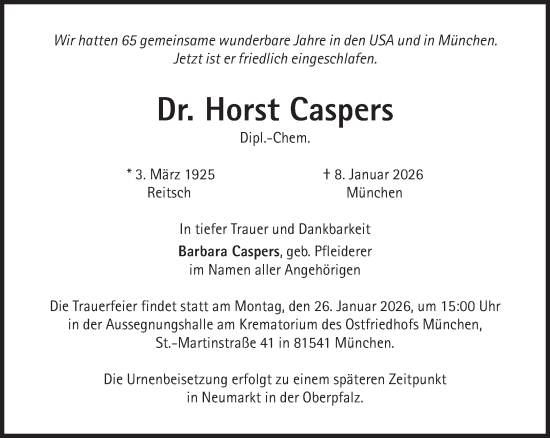 Traueranzeige von Horst Caspers von Süddeutsche Zeitung