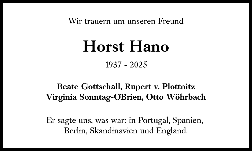  Traueranzeige für Horst Hano vom 17.01.2026 aus Süddeutsche Zeitung