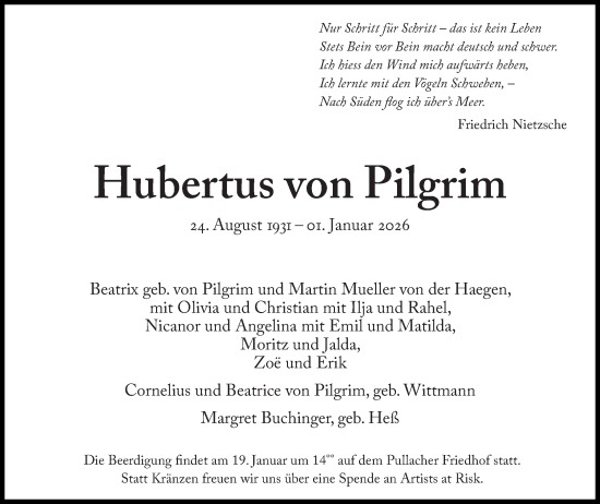 Traueranzeige von Hubertus von Pilgrim von Süddeutsche Zeitung