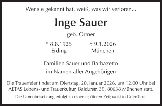 Traueranzeige von Inge Sauer von Süddeutsche Zeitung