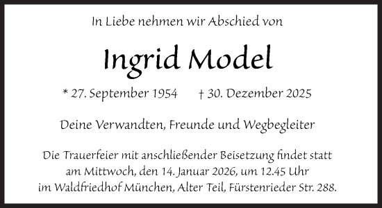 Traueranzeige von Ingrid Model von Süddeutsche Zeitung
