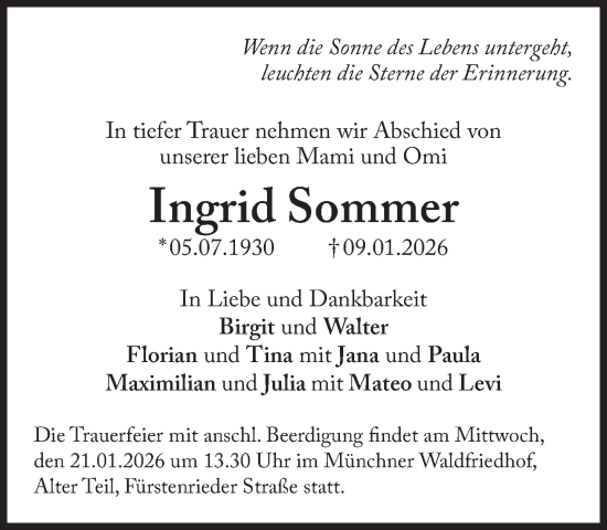 Traueranzeige von Ingrid Sommer von Süddeutsche Zeitung
