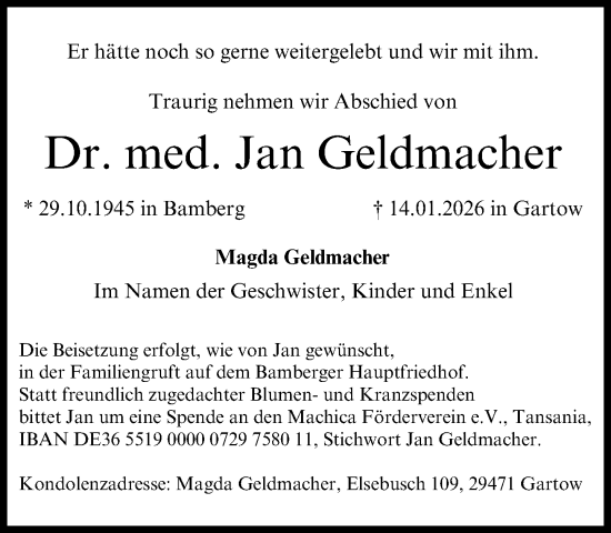 Traueranzeige von Jan Geldmacher von Süddeutsche Zeitung
