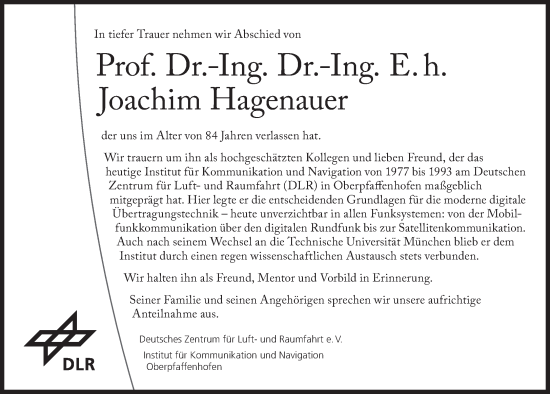 Traueranzeige von Joachim Hagenauer von Süddeutsche Zeitung
