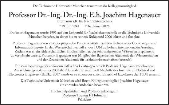 Traueranzeige von Joachim Hagenauer von Süddeutsche Zeitung