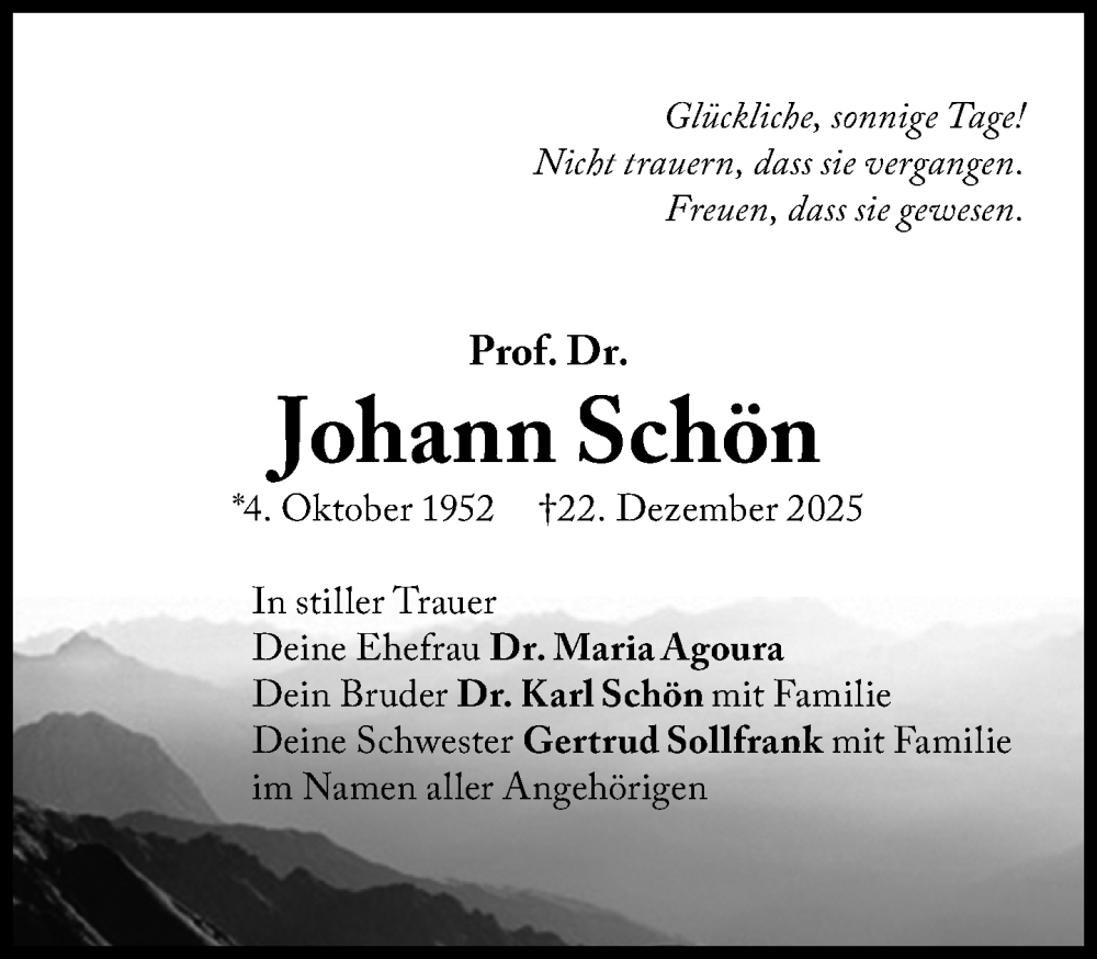  Traueranzeige für Johann Schön vom 03.01.2026 aus Süddeutsche Zeitung