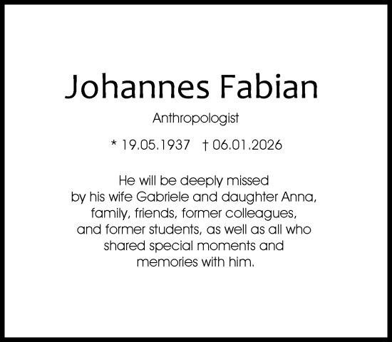 Traueranzeige von Johannes Fabian von Süddeutsche Zeitung