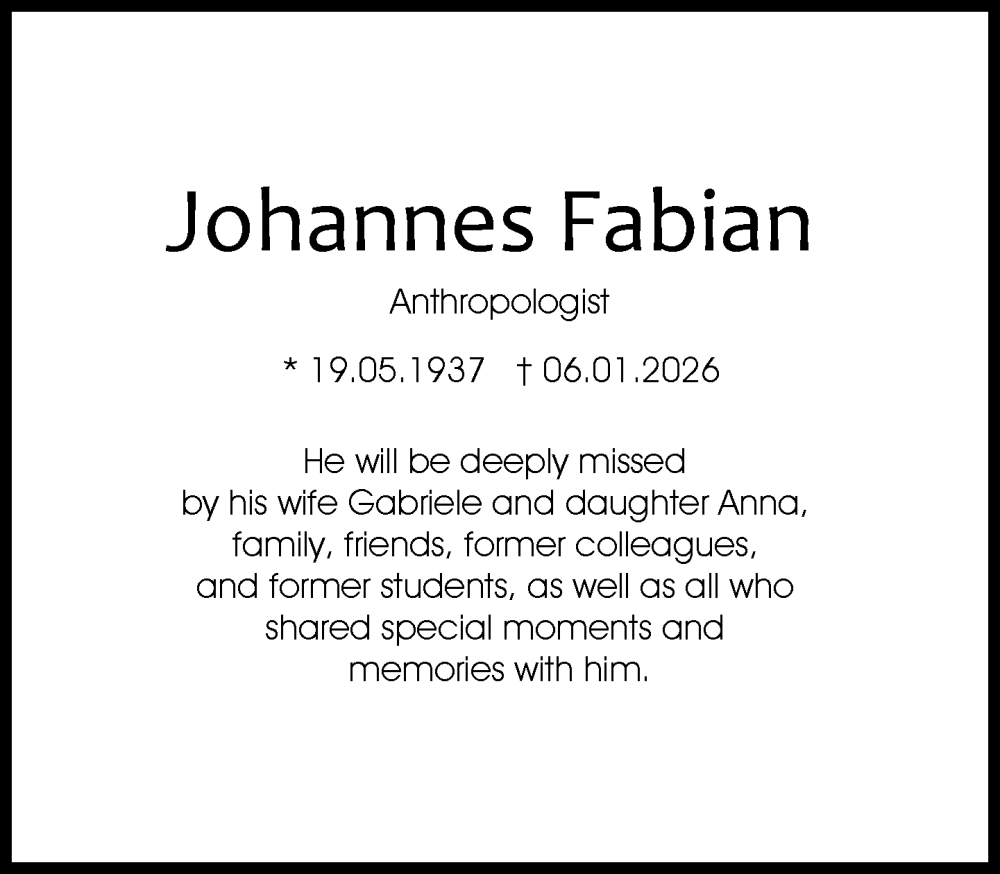  Traueranzeige für Johannes Fabian vom 16.01.2026 aus Süddeutsche Zeitung