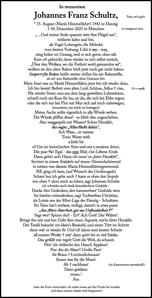 Traueranzeige von Johannes Franz Schultz von Süddeutsche Zeitung