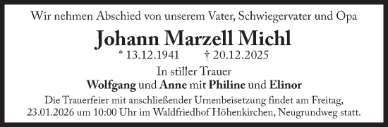 Traueranzeige von Johann Marzell Michl von Süddeutsche Zeitung