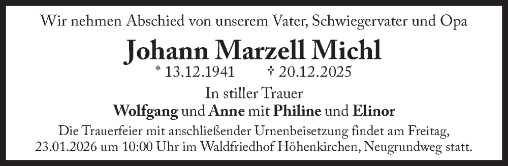  Traueranzeige für Johann Marzell Michl vom 17.01.2026 aus Süddeutsche Zeitung