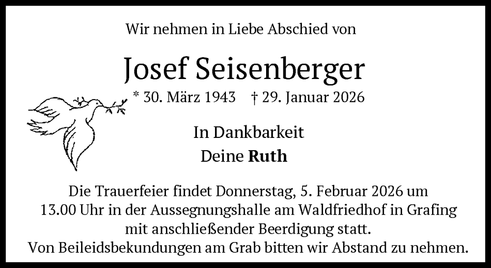  Traueranzeige für Josef Seisenberger vom 31.01.2026 aus Süddeutsche Zeitung