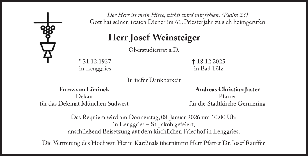  Traueranzeige für Josef Weinsteiger vom 03.01.2026 aus Süddeutsche Zeitung