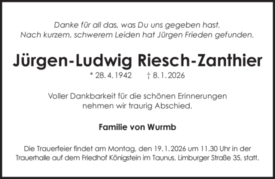 Traueranzeige von Jürgen-Ludwig Riesch-Zanthier von Süddeutsche Zeitung