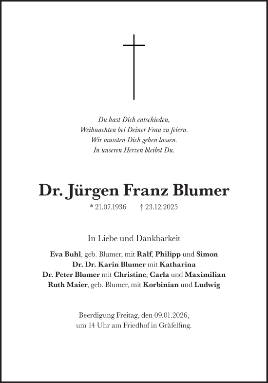Traueranzeige von Jürgen Franz Blumer von Süddeutsche Zeitung
