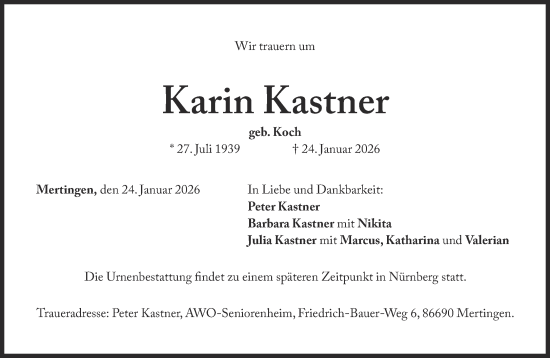 Traueranzeige von Karin Kastner von Süddeutsche Zeitung