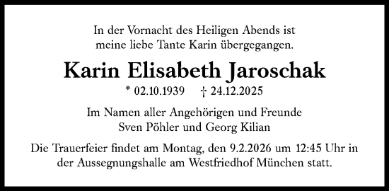 Traueranzeige von Karin Elisabeth Jaroschak von Süddeutsche Zeitung