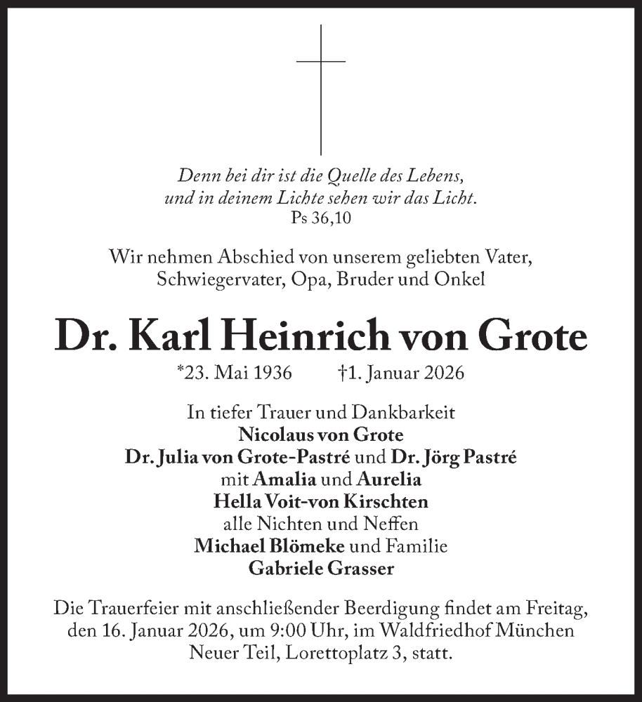 Traueranzeige für Karl Heinrich von Grote vom 10.01.2026 aus Süddeutsche Zeitung