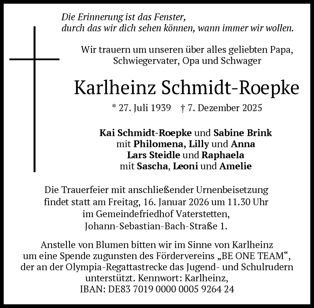  Traueranzeige für Karlheinz Schmidt-Roepke vom 10.01.2026 aus Süddeutsche Zeitung