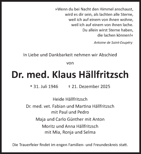 Traueranzeige von Klaus Hällfritzsch von Süddeutsche Zeitung