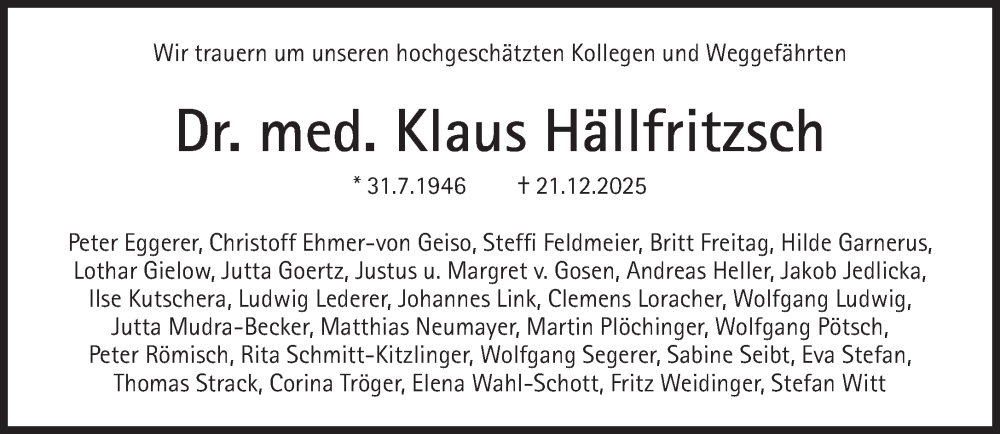  Traueranzeige für Klaus Hällfritzsch vom 10.01.2026 aus Süddeutsche Zeitung