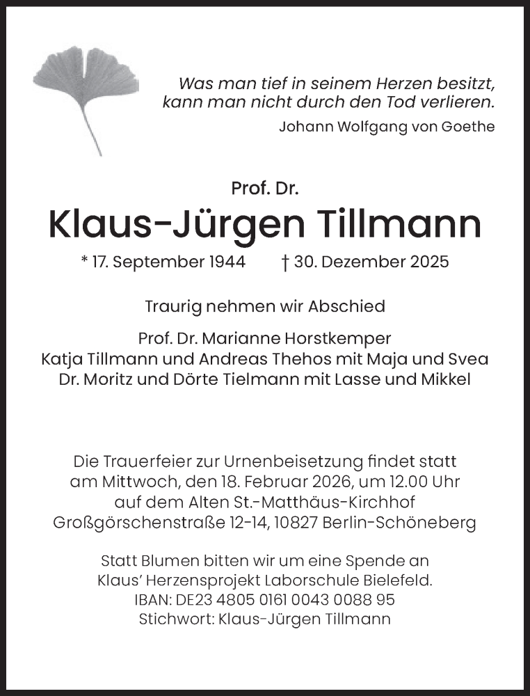  Traueranzeige für Klaus-Jürgen Tillmann vom 17.01.2026 aus Süddeutsche Zeitung