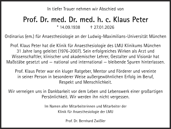 Traueranzeige von Klaus Peter von Süddeutsche Zeitung