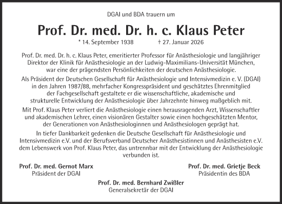 Traueranzeige von Klaus Peter von Süddeutsche Zeitung