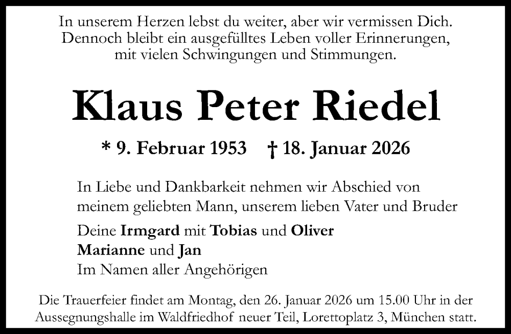  Traueranzeige für Klaus Peter Riedel vom 23.01.2026 aus Süddeutsche Zeitung