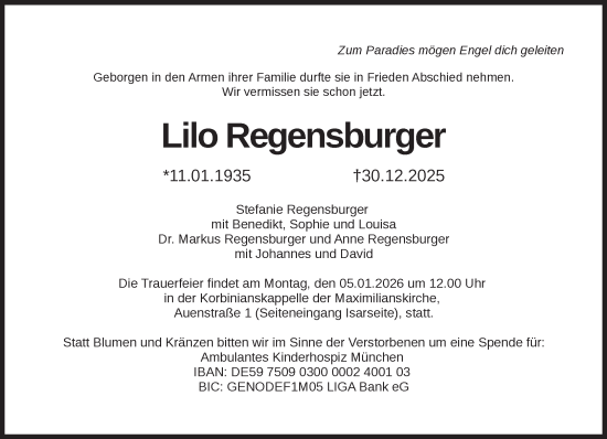 Traueranzeige von Lilo Regensburger von Süddeutsche Zeitung
