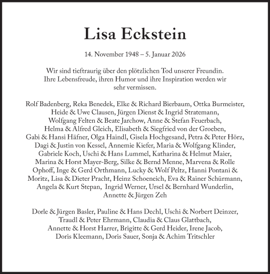 Traueranzeige von Lisa Eckstein von Süddeutsche Zeitung