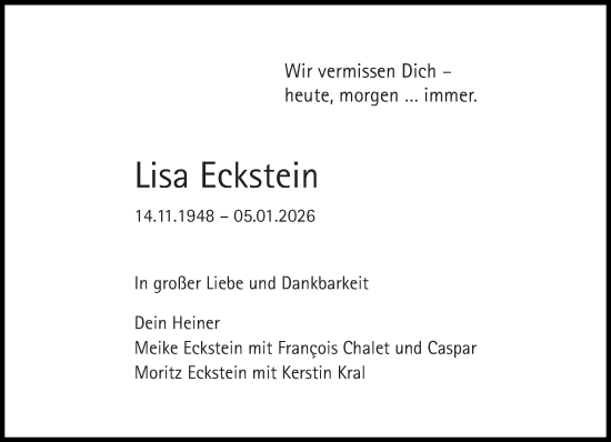 Traueranzeige von Lisa Eckstein von Süddeutsche Zeitung