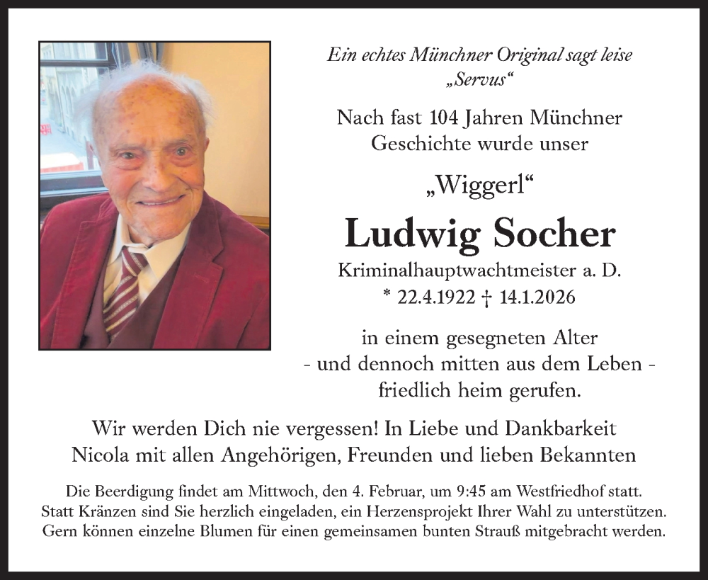  Traueranzeige für Ludwig Socher vom 31.01.2026 aus Süddeutsche Zeitung