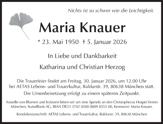 Traueranzeige von Maria Knauer von Süddeutsche Zeitung