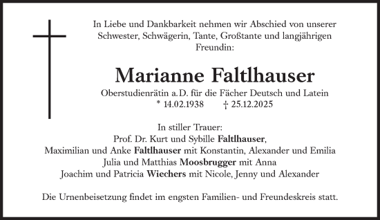 Traueranzeige von Marianne Faltlhauser von Süddeutsche Zeitung