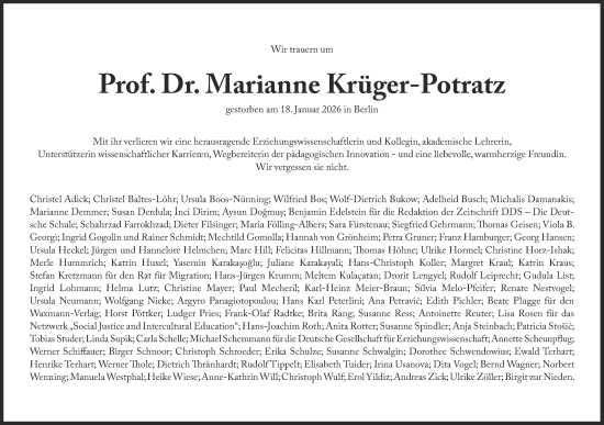Traueranzeige von Marianne Krüger-Potratz von Süddeutsche Zeitung