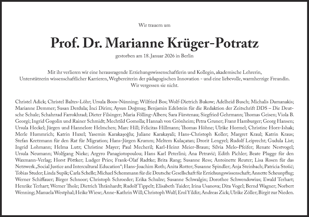  Traueranzeige für Marianne Krüger-Potratz vom 31.01.2026 aus Süddeutsche Zeitung