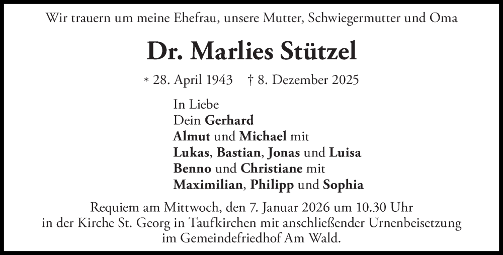  Traueranzeige für Marlies Stützel vom 03.01.2026 aus Süddeutsche Zeitung