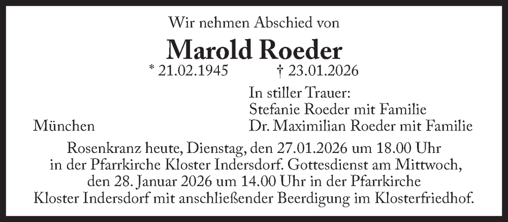  Traueranzeige für Marold Roeder vom 27.01.2026 aus Süddeutsche Zeitung