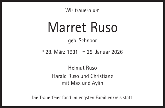 Traueranzeige von Marret Ruso von Süddeutsche Zeitung