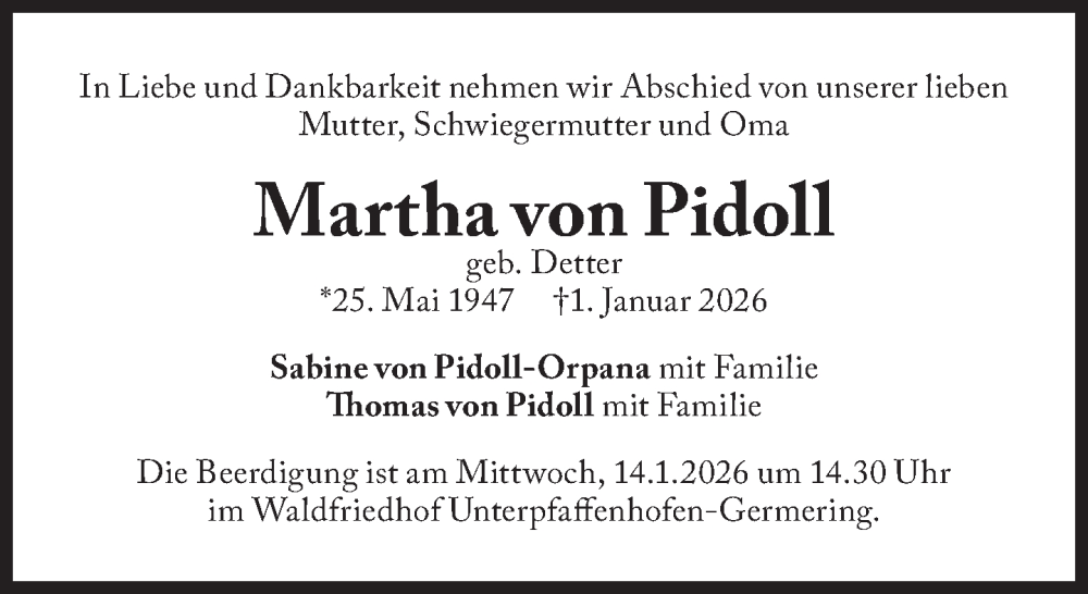  Traueranzeige für Martha von Pidoll vom 10.01.2026 aus Süddeutsche Zeitung